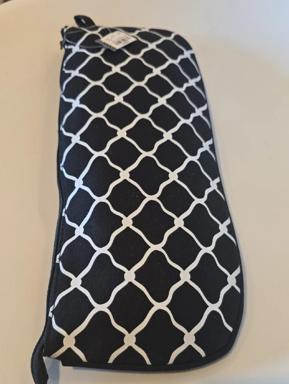 Black & White Lattice Cosmetic Case with Pink Monogram Accent